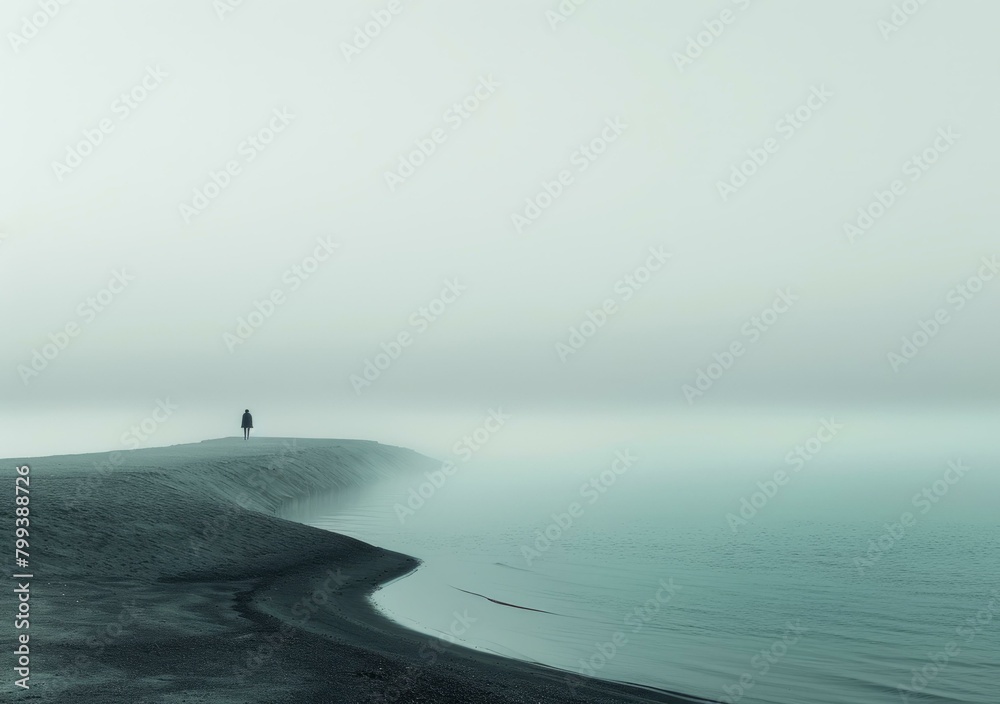 Person walking on a beach with fog