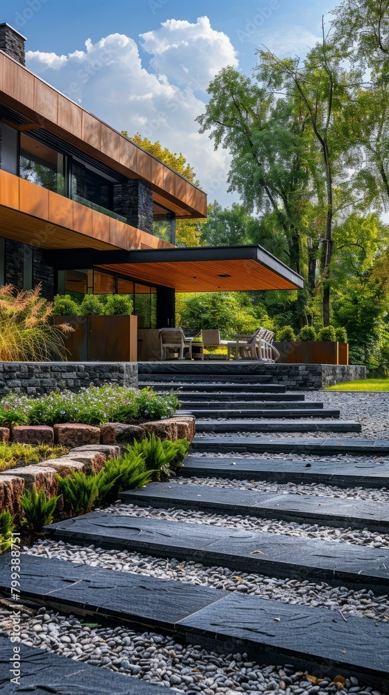 Modern House Exterior With Stone Steps And Plants Modern House Exterior With Stone Steps And Plants