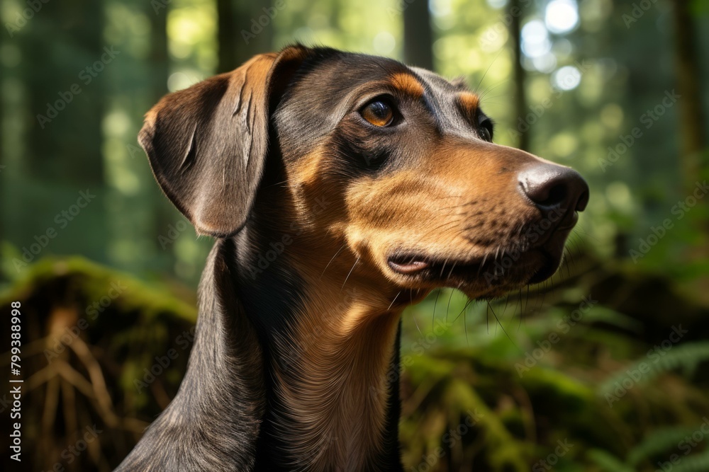 A closeup of a brown and black short-haired dog looking off to the side in the woods