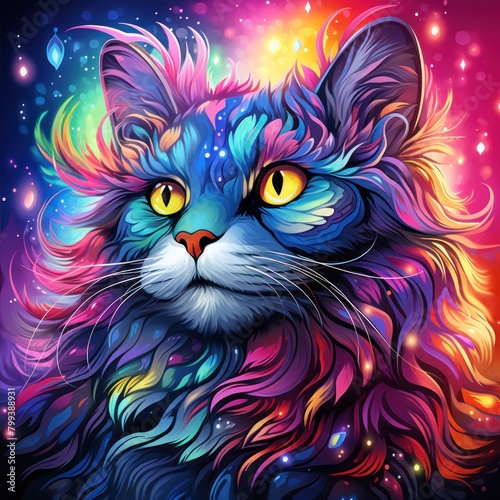 Abstract fantasy portrait of a cat with yellow eyes and multi-colored fur on a colored background