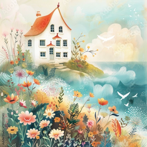 Cartoon house on a hill with a field of flowers in the foreground