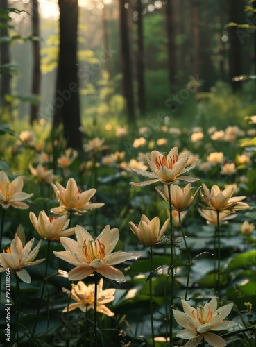 Close-up of white water lilies in a pond surrounded by a forest photo