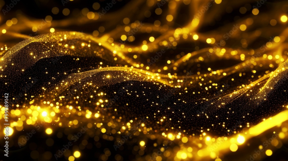 Golden particles flowing in a wave pattern on a black background Golden particles flowing in a wave pattern on a black background