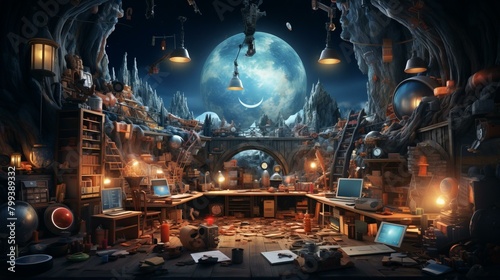 fantasy illustration of a cluttered workshop with a large moon in the background © Adobe Contributor