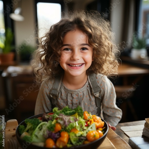 Little girl with curly hair smiling over a big bowl of salad