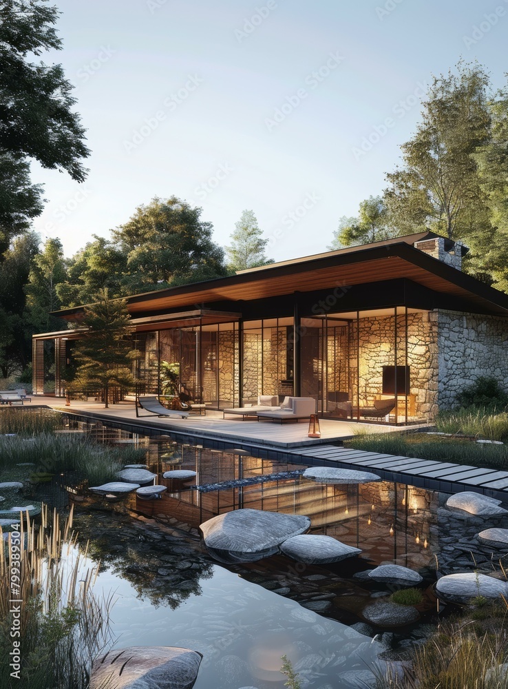 Modern House With Large Glass Windows And Stone Exterior Modern House With Large Glass Windows And Stone Exterior