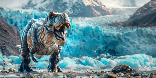 A large Tyrannosaurus Rex standing on a rocky beach in front of a glacier photo