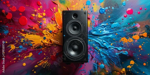 Black speaker with colorful paint splatters photo