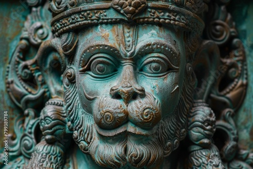 A statue of a monkey with a blue face and gold trim