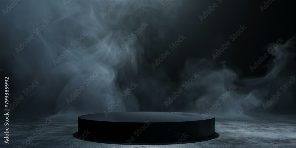 Black round stage with dark background and white smoke