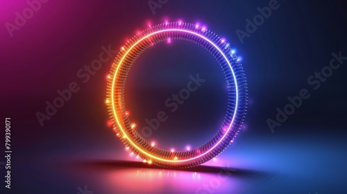   A neon circle glows brightly against a dark backdrop, its edge mirrored by the surrounding darkness At its center, a radiant reflection of light sparkles, echoed