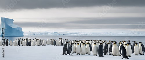 Emperor Penguins Congregating on Icy Antarctic Shore, Generative AI