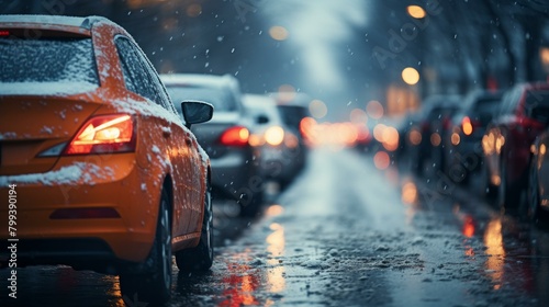 Snowy city street with cars driving in the snow