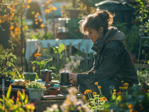 Young woman drinking tea in a garden photo