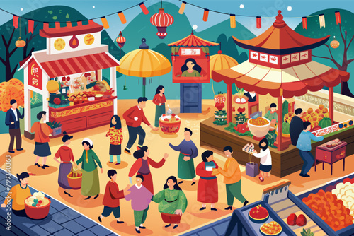 lunar new year market bustling with vendors and shoppers