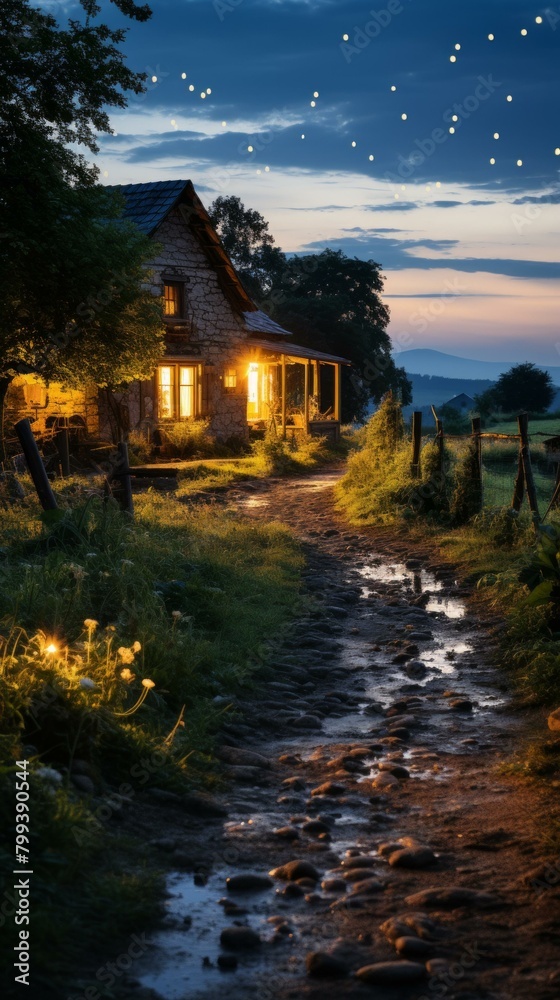 Stone cottage in the mountains at night