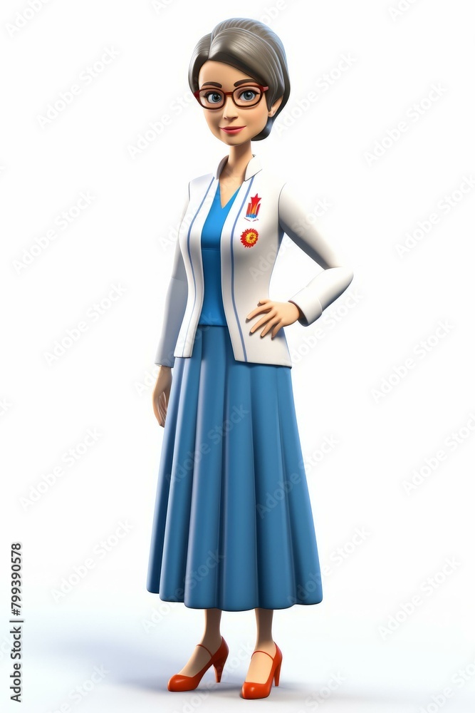 3D illustration of an elderly female teacher wearing glasses, a white lab coat, and a blue skirt 3D illustration of an elderly female teacher wearing glasses, a white lab coat, and a blue skirt