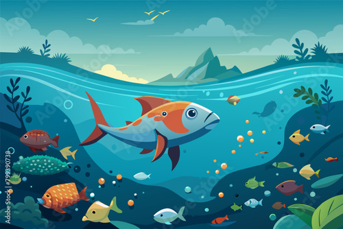 lone fish swimming in a polluted ocean filled with micro-plastics, symbolizing the danger to marine life.