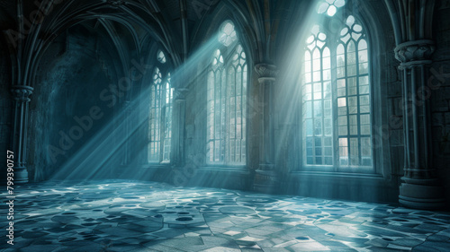 Mystic empty gothic hallway with ornate stained glass windows in an old castle photo
