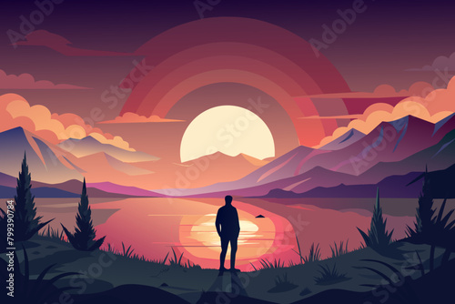 lone figure silhouetted against a breathtaking sunset  lost in contemplation.