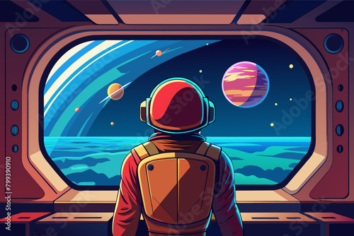 lone astronaut gazing out the window of a spaceship at the vastness of space.