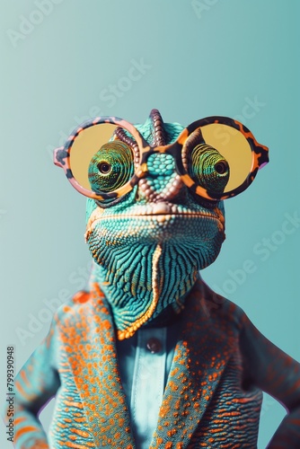 A chameleon dons hipster glasses, a display of bright colors and personality against a vibrant backdrop
