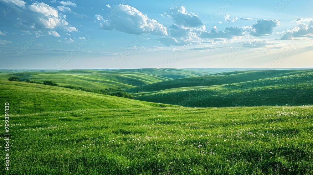 Green rolling hills under blue sky with white clouds Green rolling hills under blue sky with white clouds