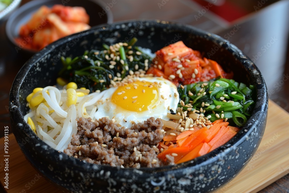 Korean Food Dish Bibimbap With Rice, Egg, Beef, And Vegetables