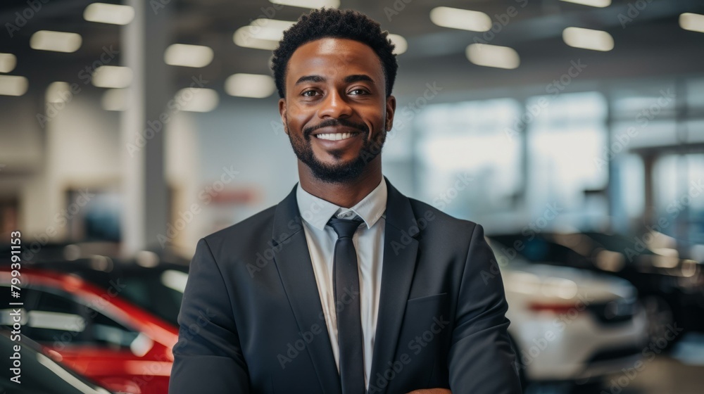 Portrait of a smiling African American car salesman standing in a car dealership showroom Portrait of a smiling African American car salesman standing in a car dealership showroom