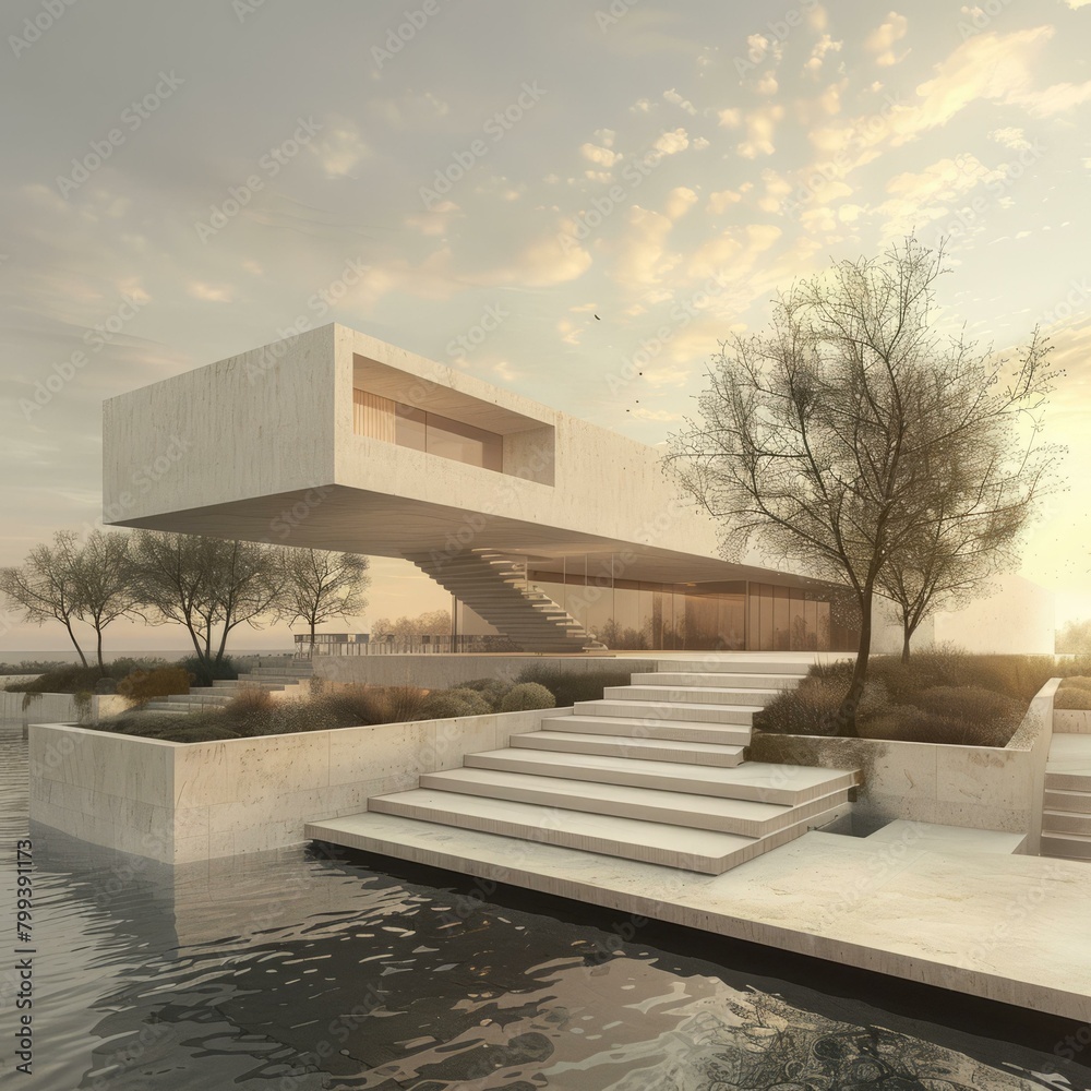 Modern minimalist villa with large windows and terrace