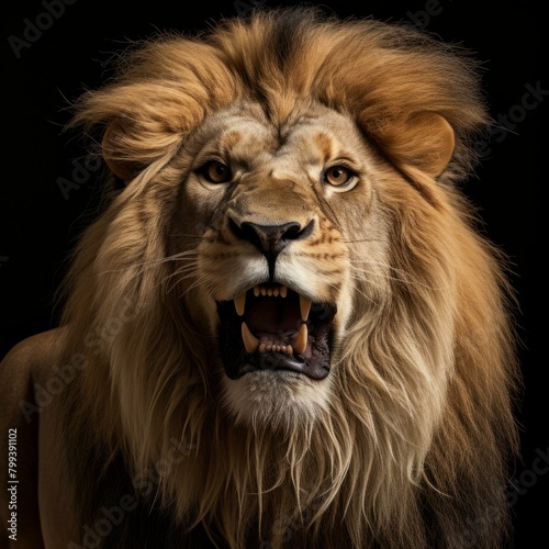 Close-up of a roaring lion with a dark background