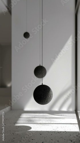 Three black balls hanging from the ceiling with a white background © Adobe Contributor
