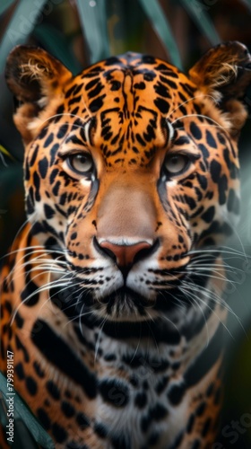 A close-up of a jaguar staring at the camera