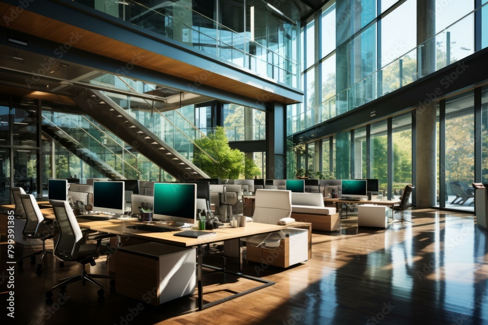 The interior of a modern office space with large windows and wooden floors The interior of a modern office space with large windows and wooden floors