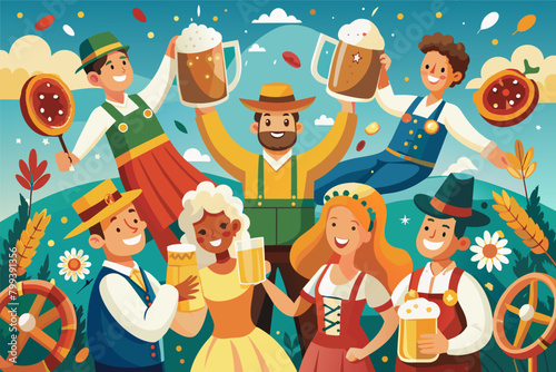 lively photograph of people celebrating Oktoberfest with beer, pretzels, and traditional Bavarian music, with lederhosen and dirndls adding to the festive atmosphere
