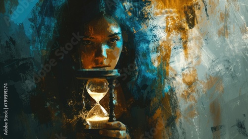 Young beautiful woman holding hourglass separated with colored background. Skilled happy girl with sand hour glass in hand in watercolor. Represented time, changing, feminist. Close up. Cash. AIG42.