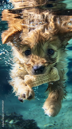 A cute puppy is swimming underwater with a toy in its mouth