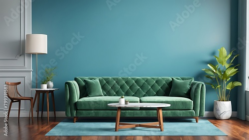  Photo modern vintage interior of living room  blueprint home decor concept  green couch with marble table on wall and hardwood flooring  3d render