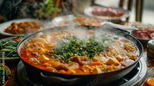 A delicious and spicy hot pot with various ingredients