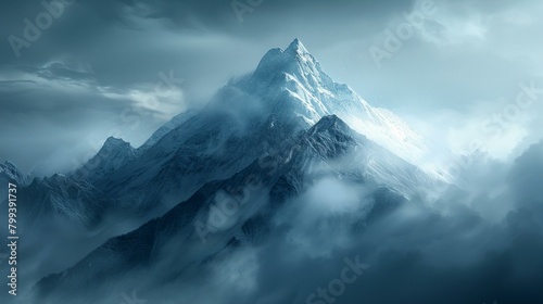A majestic snow capped mountain peak rising above the clouds
