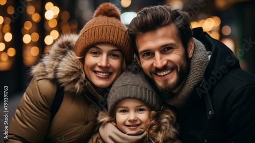 Happy family of three smiling together outdoors in winter