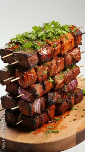 A stack of pork skewers with parsley and onion photo