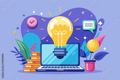 light bulb sparks above a laptop, representing a creative and innovative influencer campaign attracting a loyal following.