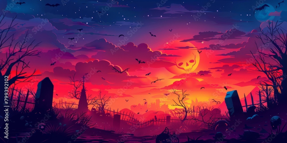 Halloween Graveyard at Sunset with bats flying around