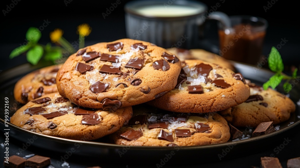 Close-up of a plate of chocolate chip cookies Close-up of a plate of chocolate chip cookies