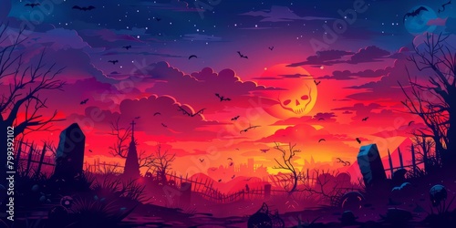 Halloween Graveyard at Sunset with bats flying around