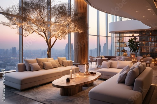 Modern luxury living room interior with panoramic city view photo