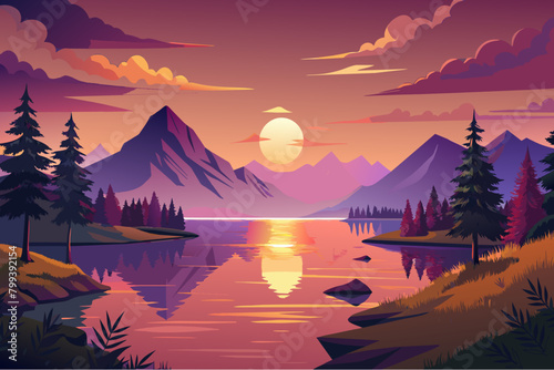 lifelike rendering of a stunning sunset over a tranquil lake in 3D realistic detail