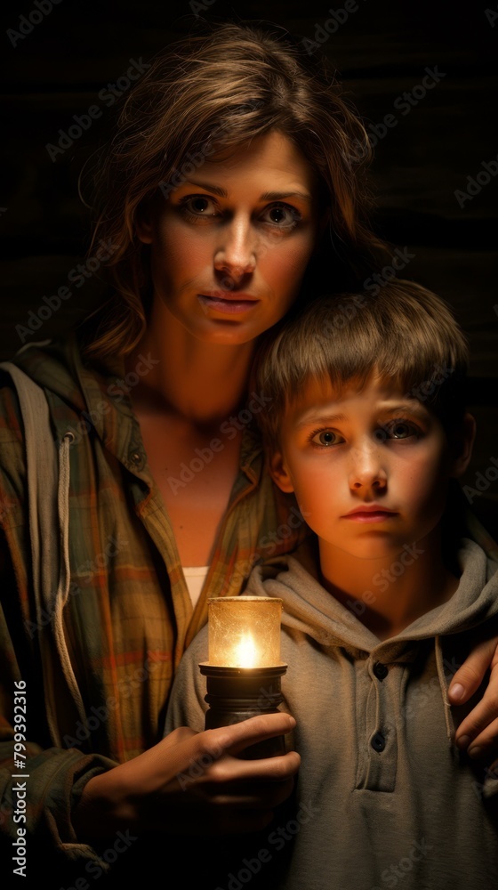 A mother and her son are holding a candle in the dark.