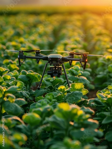 Drone flying over a field of green crops